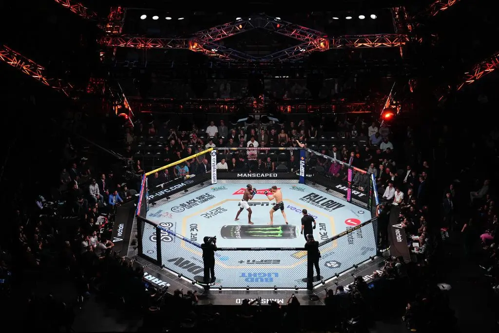 Two fighters squaring off under the arena lights during a UFC event