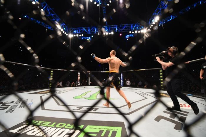 A fighter raises his arms inside the UFC octagon after a win