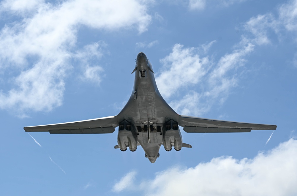 A B-1B Lancer takes off during a Bomber Task Force mission