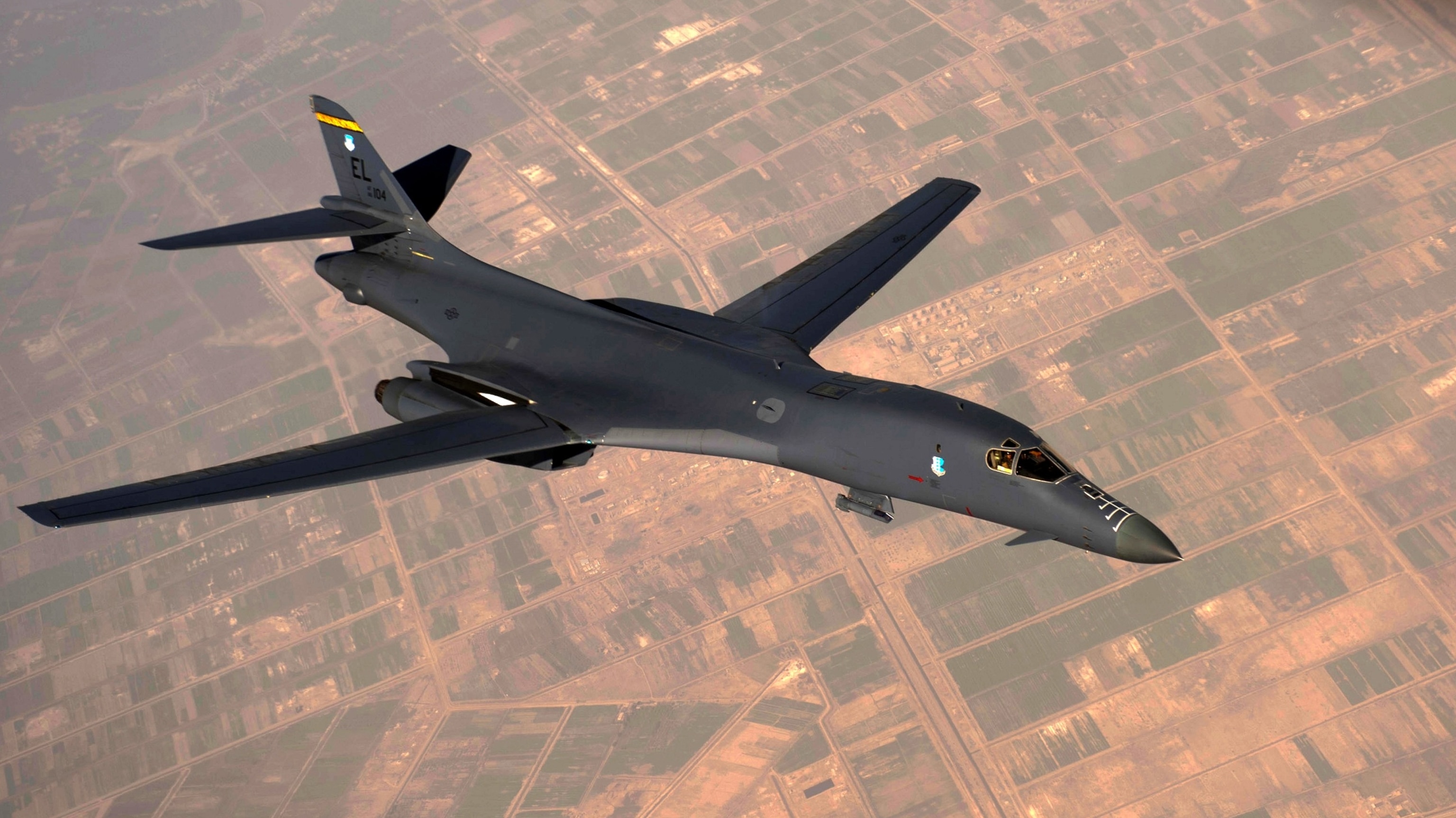 A B-1B Lancer bomber in flight.