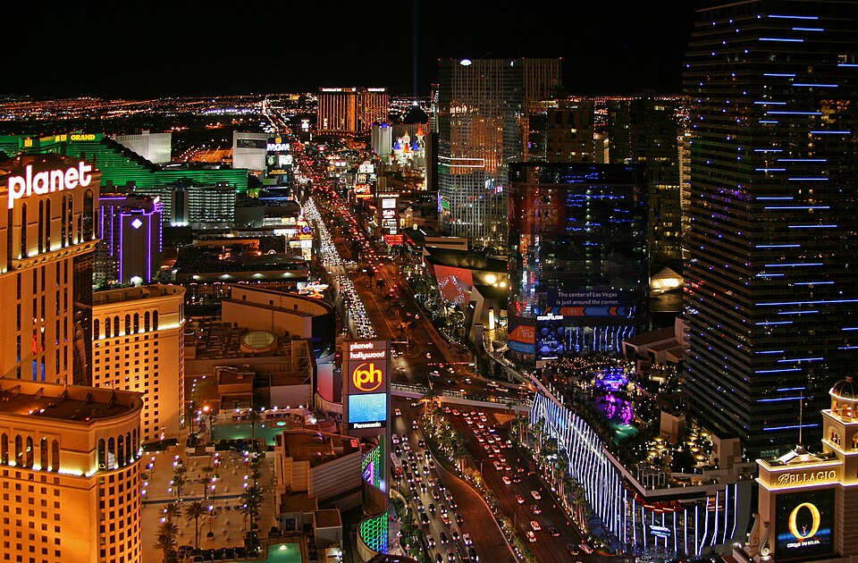 The Las Vegas Strip glowing at night, a packed month of restaurant openings ahead