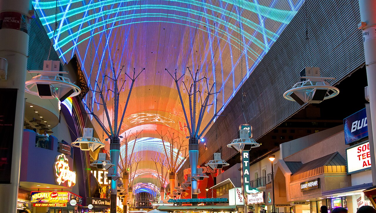 Fremont Street in downtown Las Vegas at night under the canopy