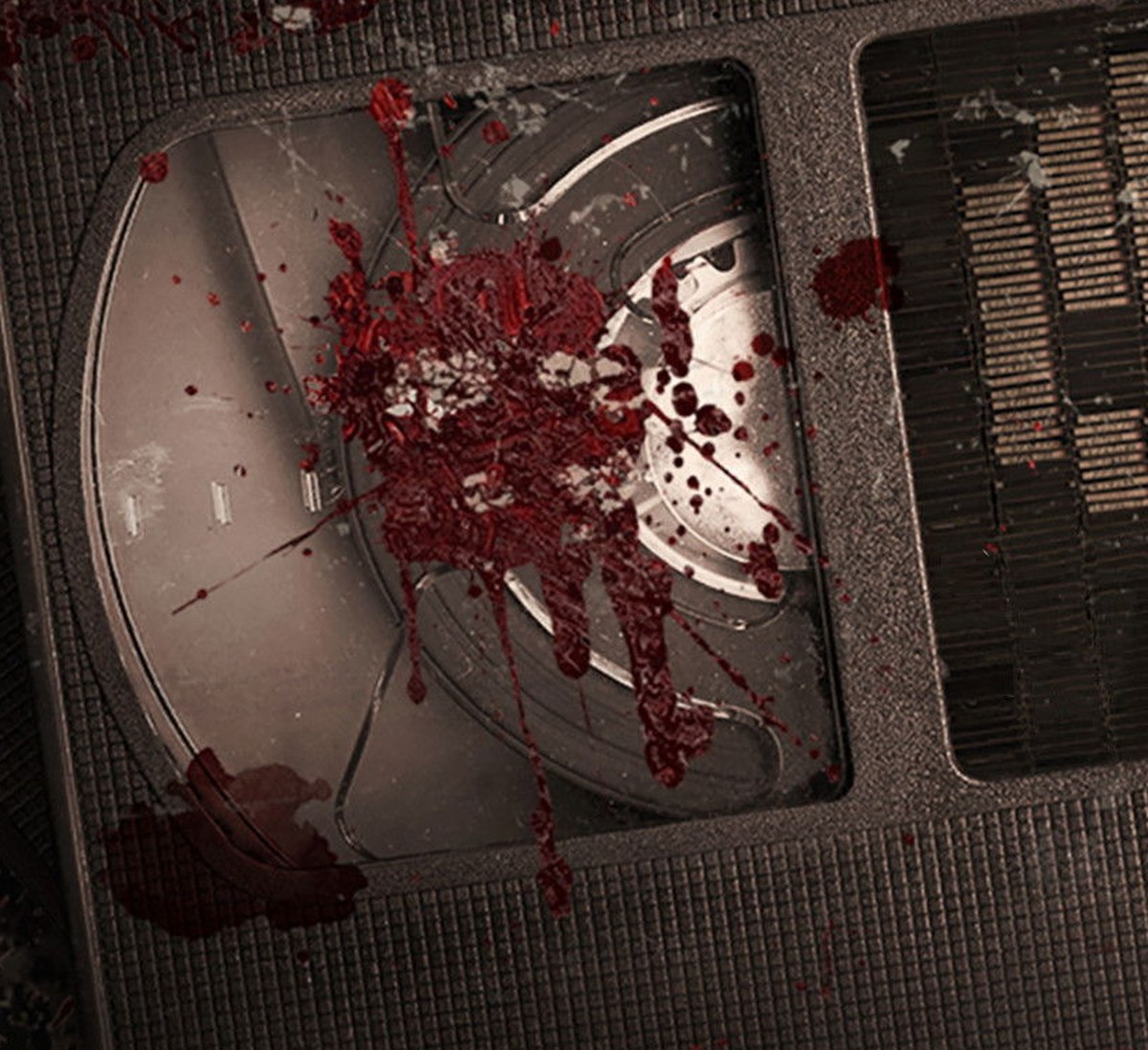 Detail of the V/H/S/MIXTAPE key art: a blood-spattered VHS tape