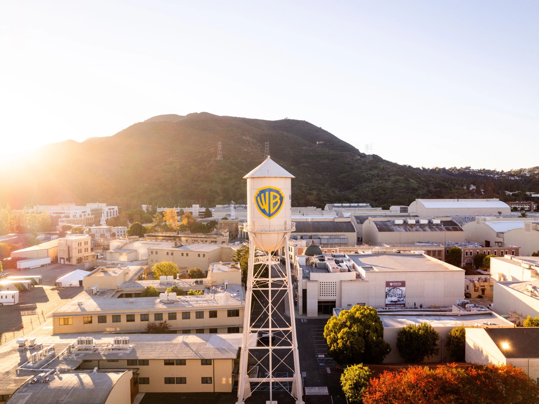 The Warner Bros. water tower over the Burbank studio lot at sunset