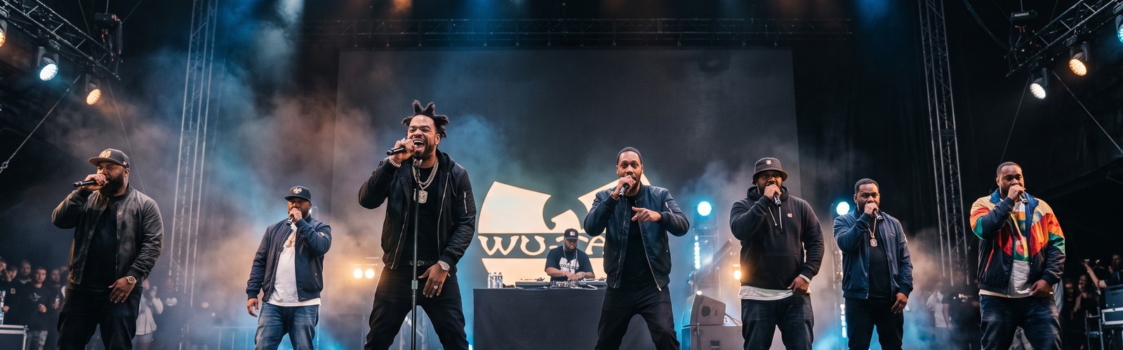 Wu-Tang Clan performing together on stage, with the group's 'W' logo glowing behind them