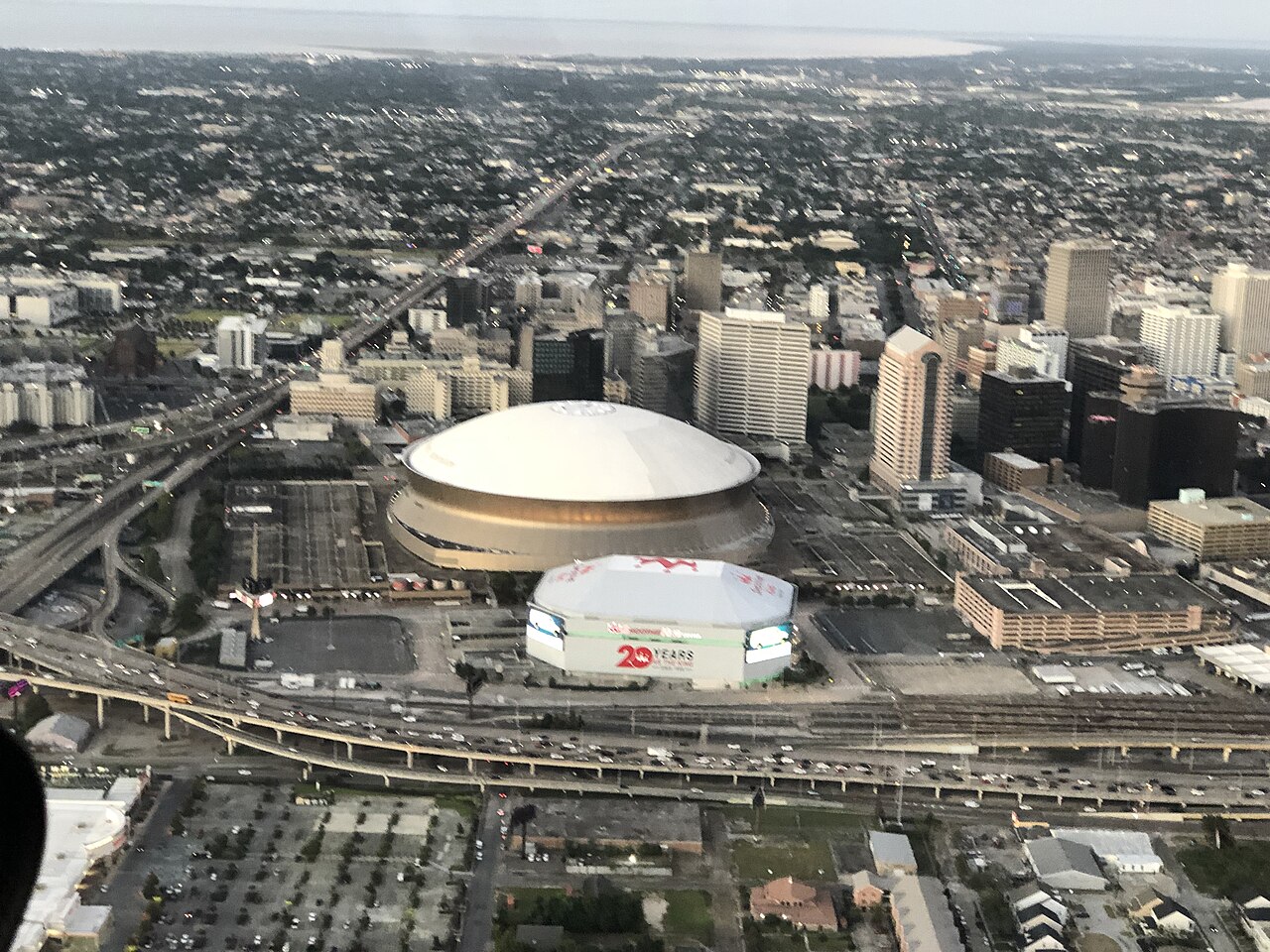 Aerial view of the Caesars Superdome and Smoothie King Center in New Orleans