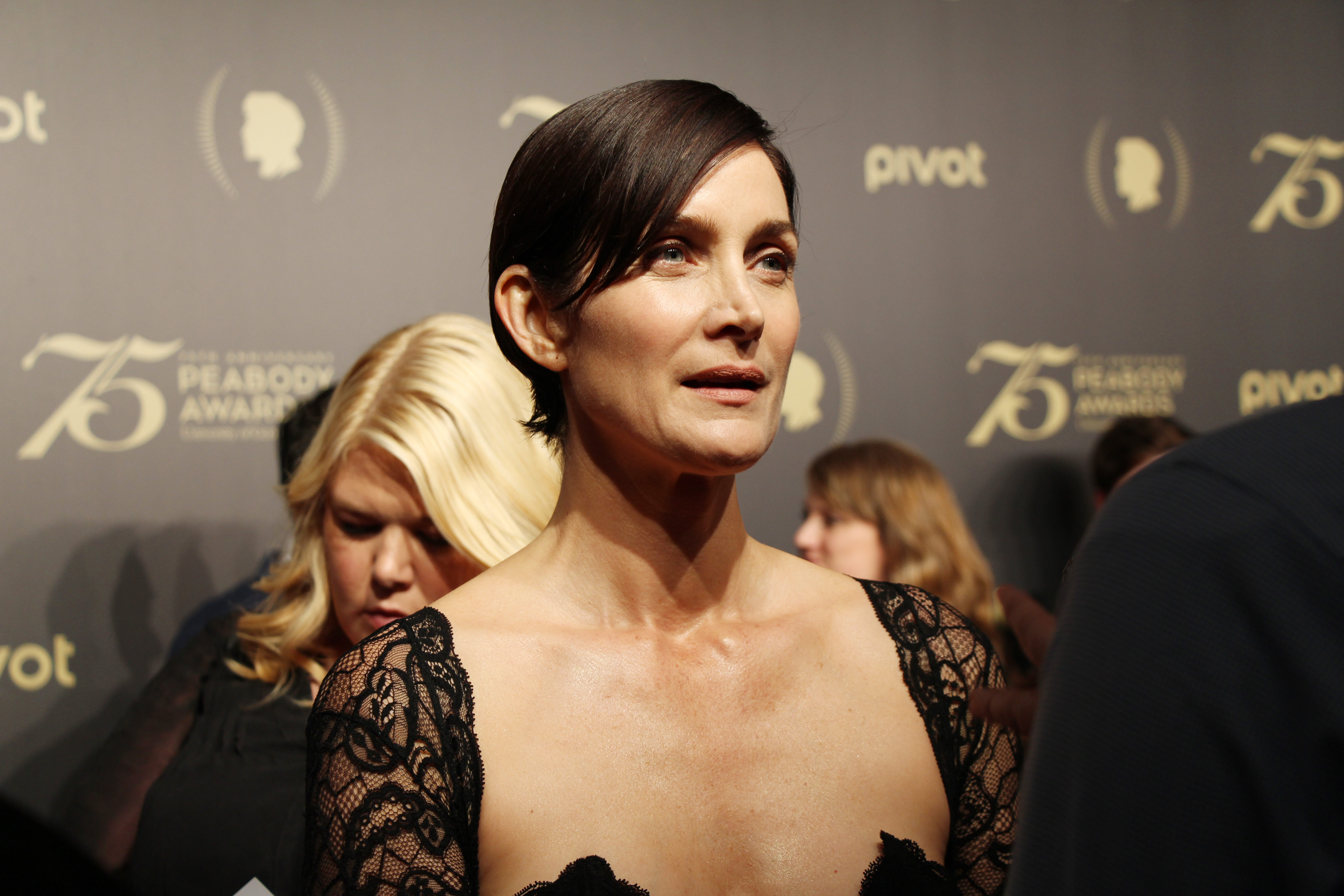 Carrie-Anne Moss, who plays the professor Katherine in AMC+’s mystery thriller Yaga (file photo)