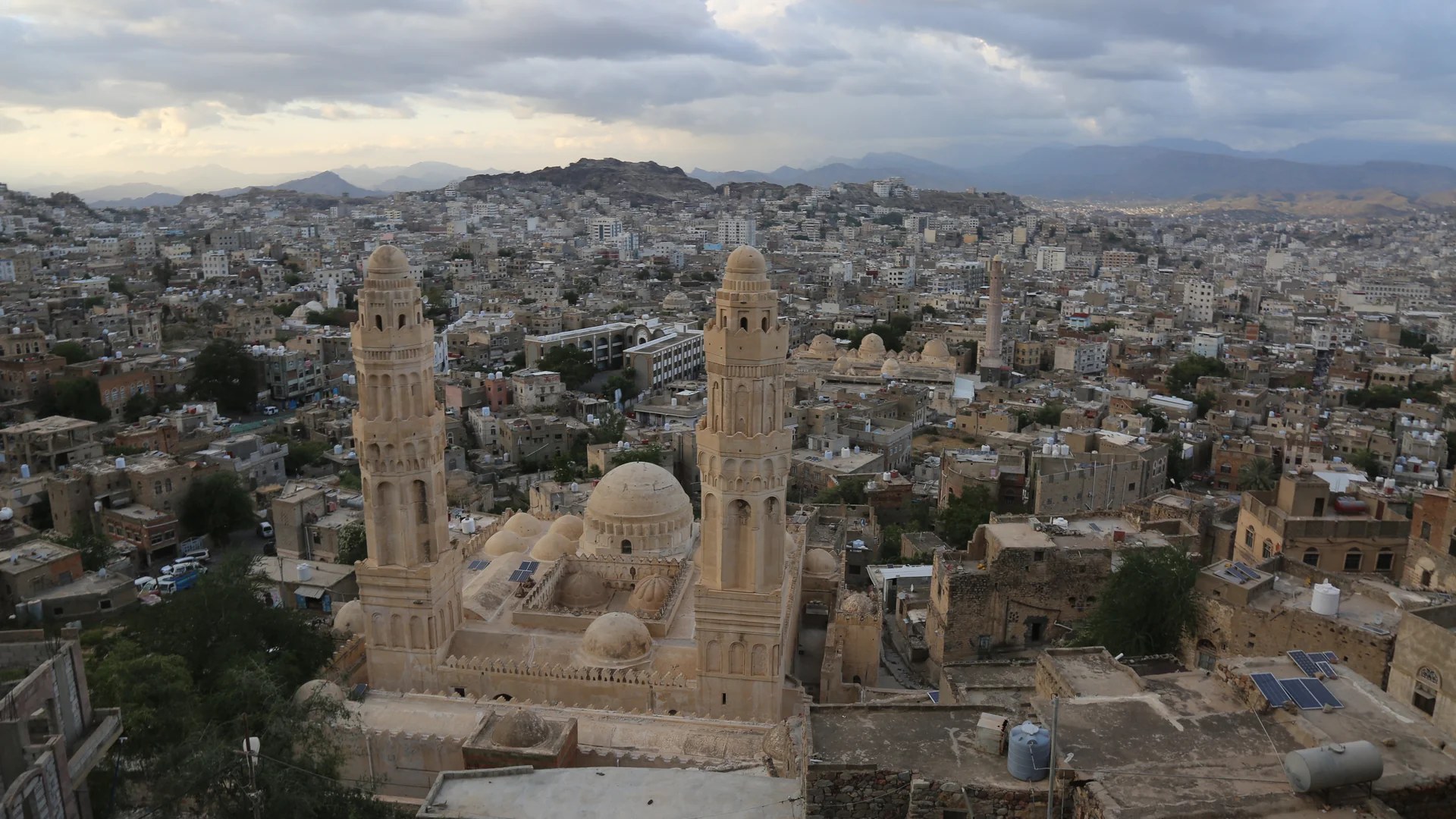 Aerial view of Taiz, Yemen's third-largest city, with historic mosques and minarets