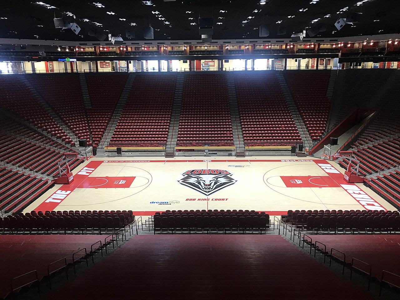 The Pit's court in Albuquerque with the Lobos logo at center court