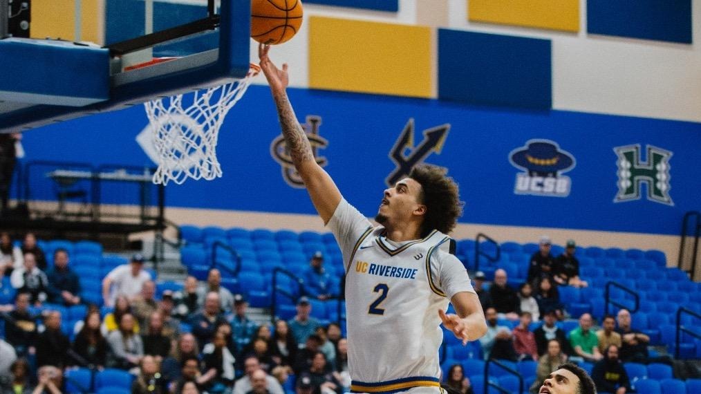 A UC Riverside guard finishes at the rim at the SRC Arena