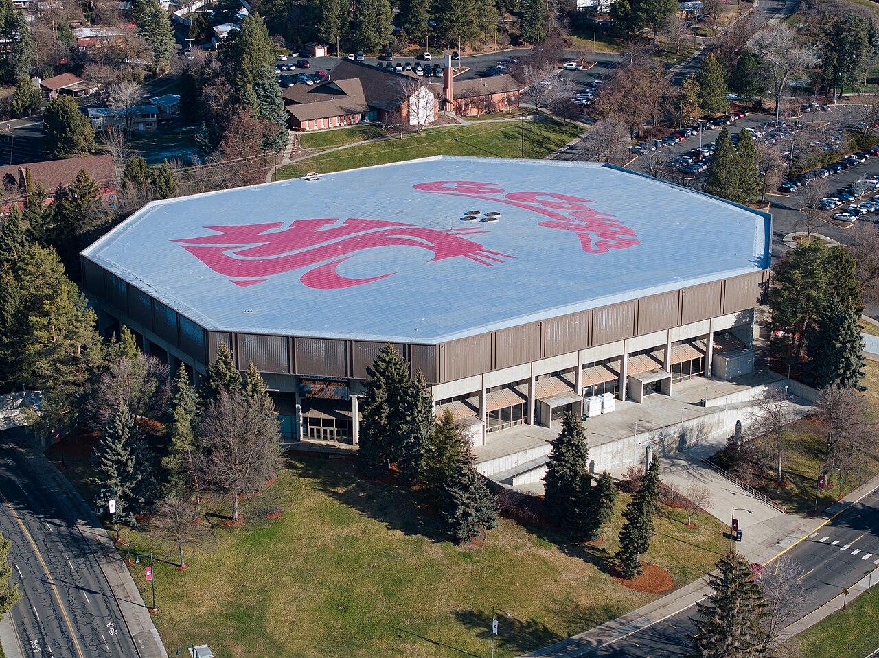 Beasley Coliseum with Go Cougs painted on the roof, home of Washington State basketball